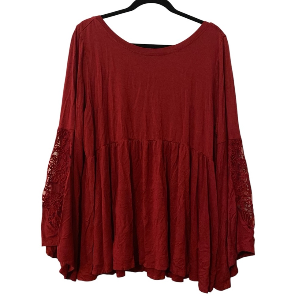 Torrid Babydoll Super Soft Scoop Neck Lace Bell Sleeve Tee Size 2 Rio Red Boho - Picture 2 of 15